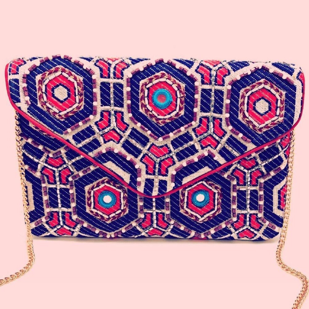 Navy and Red Pearl & Seed Beaded Geometric Nautical Summer USA Clutch Crossbody